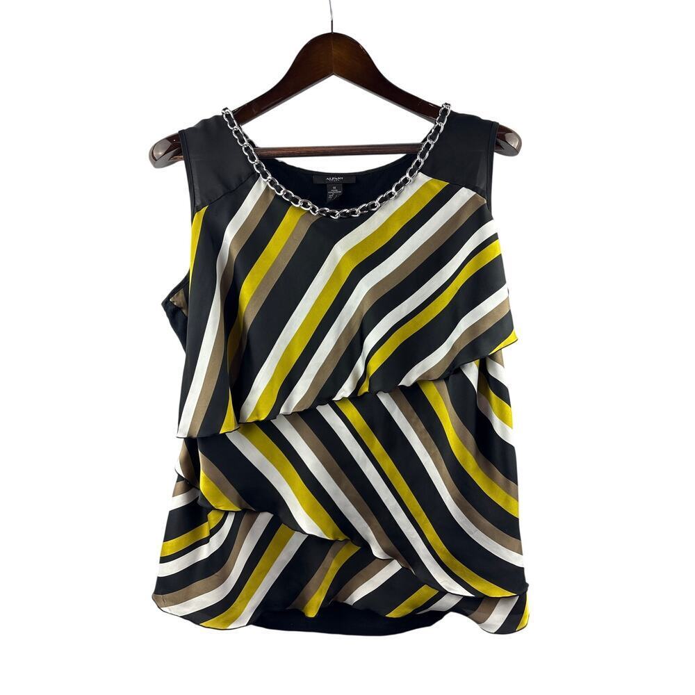 Women’s Alfani Size 1X Black, Brown, Yellow & White Sleeveless Blouse